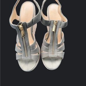 Michael Kors olive, Green, or sage Suede Wedge Sandals with Gold Zipper